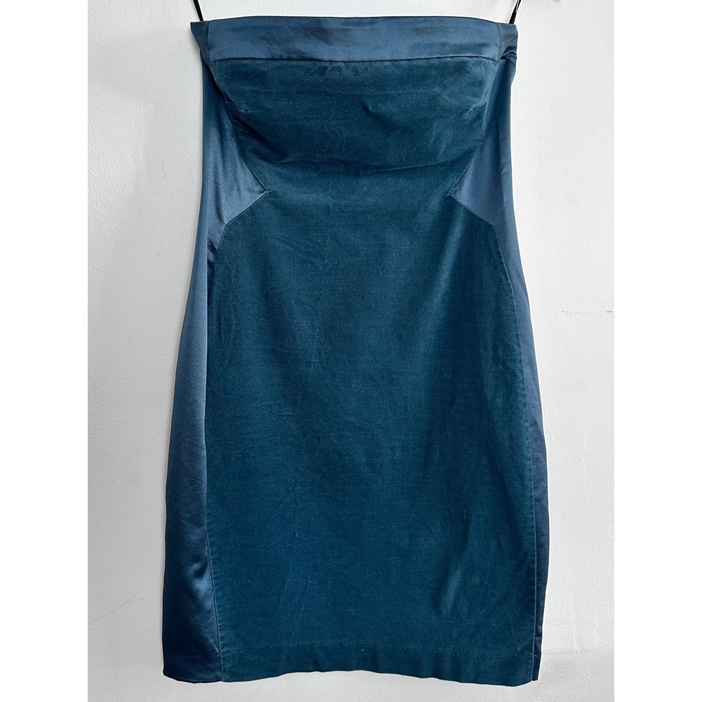 Rachel Roy Teal Velvet Strapless Bodycon Satin Panel Dress Y2K Refined Luxe Sexy